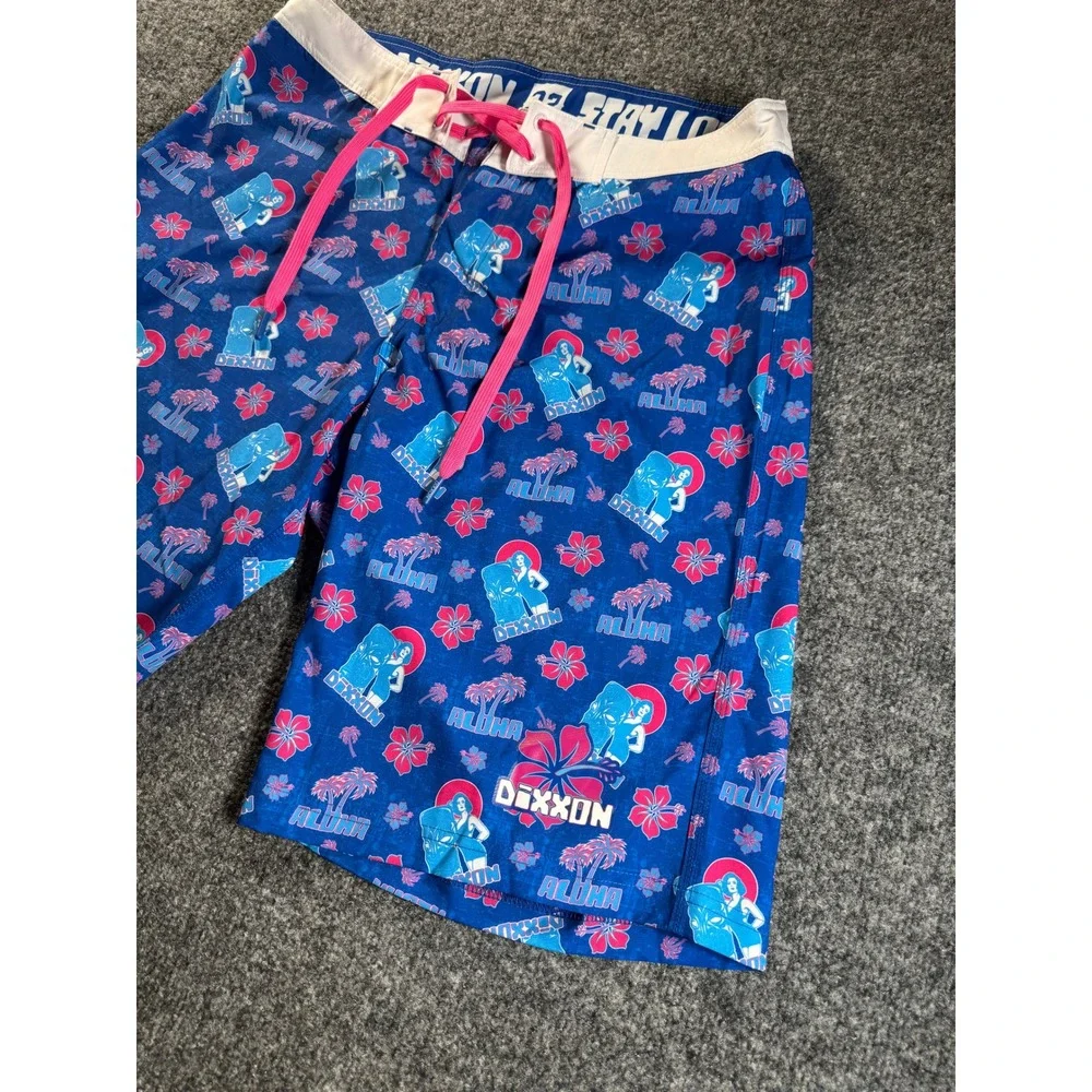 Dixxon Aloha Pin Up Board Shorts Mens 32 Blue Pink Floral Hibiscus Swim Trunks